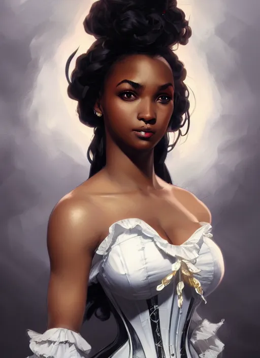 Image similar to cute black woman wearing a white corset dress, fantasy, intricate, highly detailed, digital painting, artstation, concept art, wallpaper, smooth, sharp focus, illustration, art by artgerm and greg rutkowski and alphonse mucha