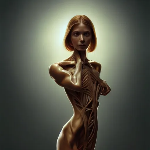 Image similar to wide angle full body portrait of an alien female, a perfect face and perfect body, thin waist, plastinated cross-section, internal structures, intricate, single face, highly detailed, digital painting, artstation, concept art, smooth, sharp focus, illustration, Unreal Engine 5, 8K, art by artgerm and greg rutkowski and alphonse mucha