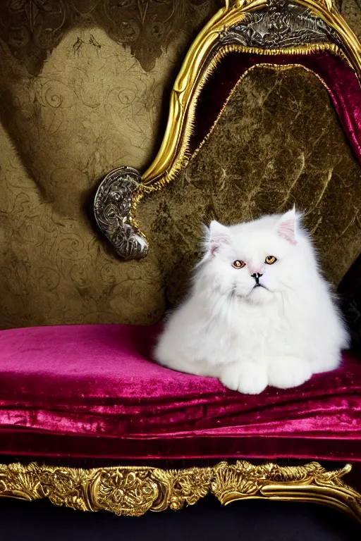 Prompt: a silver gelatin photo portrait of a magnificent fluffy fat royal cat on an embroidered velvet cushion on a neo - rococo gilded little bed, by david lachapelle, photorealistic, photography, wide shot