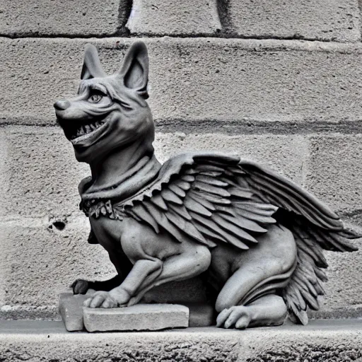 Prompt: gothic gargoyle corgi with wings made of stone, uncropped, photography