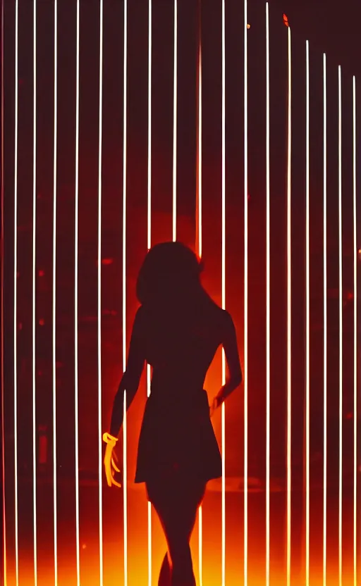 Prompt: vertical movie frame, silhouette of a girl in 7 0's retro club, editorial, fashion, neon - decorated urban on night in the city seen through the window, modern architecture design, vintage, night, blade runner, dark, clean lines, asian futuristic city at distance, big windows, octane, wide angle