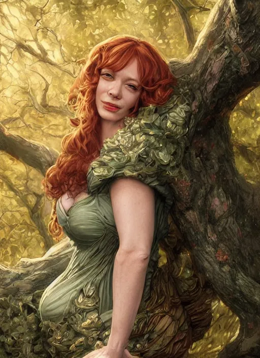 Prompt: tired Christina Hendricks taking a rest under a tree after an long adventure a ruggedly muscled handsome heroine, intricate, elegant, highly detailed, centered, digital painting, artstation, concept art, smooth, sharp focus, illustration, artgerm, donato giancola, Joseph Christian Leyendecker, WLOP, Artgerm, thunder storm