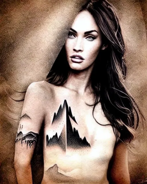 Image similar to creative double exposure effect tattoo design sketch of megan fox faded with beautiful mountain scenery, realism tattoo, in the style of matteo pasqualin, amazing detail, sharp