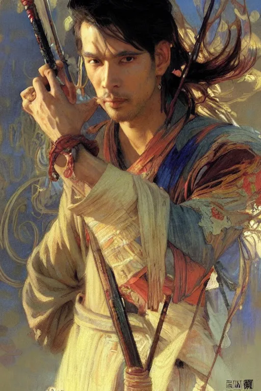 Image similar to attractive man, wuxia, colorful, painting by gaston bussiere, craig mullins, greg rutkowski, alphonse mucha