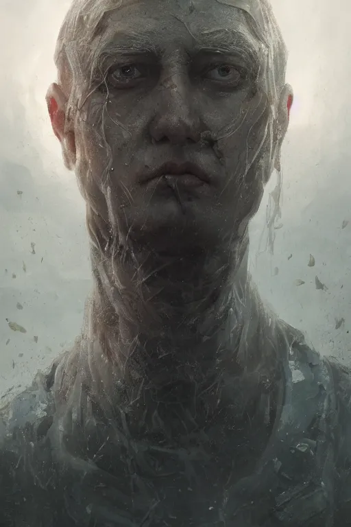 Image similar to a fancy portrait of a giant michanical face buried in an apocalyptic world by Greg Rutkowski, Sung Choi, Mitchell Mohrhauser, Maciej Kuciara, Johnson Ting, Maxim Verehin, Peter Konig, final fantasy, Marco lense , 8k photorealistic, cinematic lighting, HD, high details, atmospheric , trending on artstation