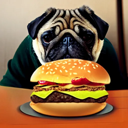 Prompt: fat pug inside a hamburger