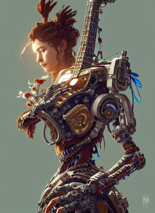 Prompt: portrait of a guitarr, robot steampunk, floral! horizon zero dawn machine, intricate, elegant, highly detailed, ray tracing, digital painting, artstation, concept art, smooth, sharp focus, illustration, art by artgerm and greg rutkowski and alphonse mucha, 8 k