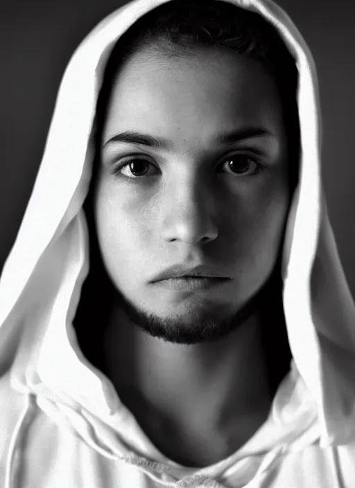 Prompt: photograph of a future jewish prophet wearing a white hood, cinematic, epic framing, closeup, dslr. spiritual, candle lit cave background