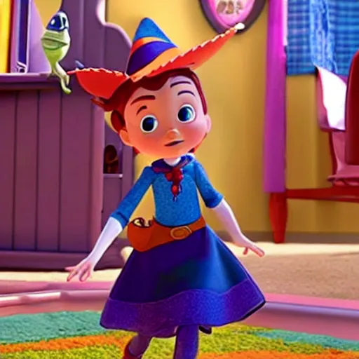 Image similar to a film still of a little witch in toy story 3