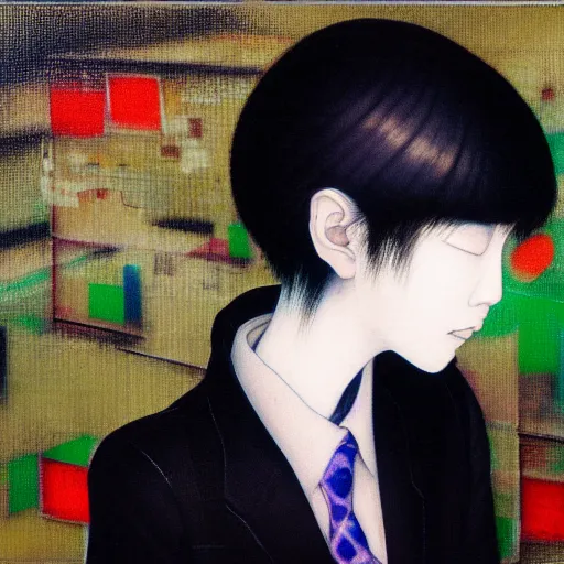 Image similar to yoshitaka amano blurred and dreamy realistic three quarter angle portrait of a young woman with short hair and black eyes wearing office suit with tie, junji ito abstract patterns in the background, satoshi kon anime, noisy film grain effect, highly detailed, renaissance oil painting, weird portrait angle, blurred lost edges