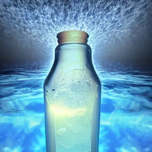 Image similar to surreal 3 d art of a human head stuffed in a bottle, on the ocean water, futuristic, glowing, hyper realistic, ray tracing, realistic water splashes, sharp focus, long shot, 8 k resolution, cinematic, photoshop art