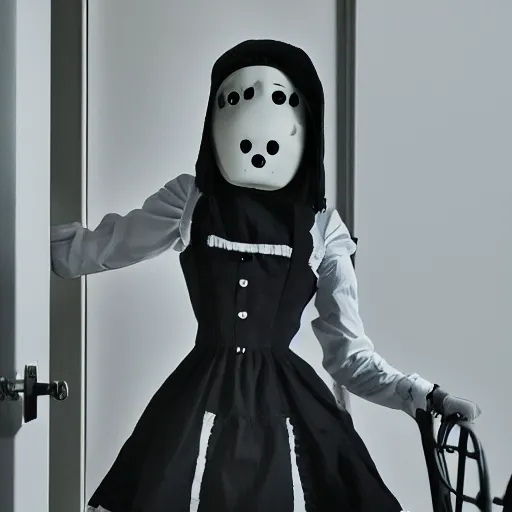 Image similar to SCP-049 wearing a french maid dress, security camera photo, 4k