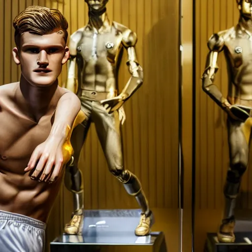 Image similar to a realistic detailed photo of a guy who is an attractive humanoid who is half robot and half humanoid, who is a male android, soccer players martin ødegaard & timo werner, shiny skin, posing like a statue, blank stare, in a museum, on display, showing off his muscles, gold soccer shorts, no jersey, collection of them, statue