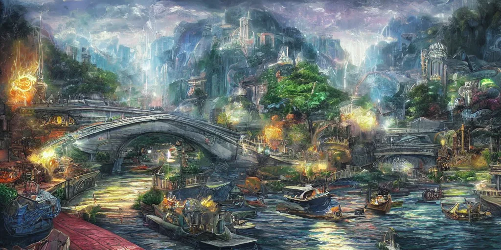 Image similar to magic city with with rivers and aqueducts as streets. various boats. mtg. magic the gathering by yeong hao han