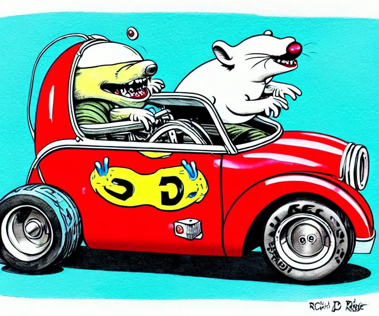 Prompt: cute and funny, badger, wearing a helmet, driving a hotrod, oversized enginee, ratfink style by ed roth, centered award winning watercolor pen illustration, isometric illustration by chihiro iwasaki, the artwork of r. crumb and his cheap suit, cult - classic - comic,