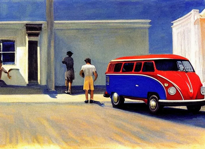 Image similar to painting, two young men and women near blue vw bus, by edward hopper, bernardo bertolucci dreamers movie scene