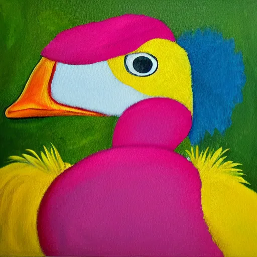 Image similar to the painting is a yellow duck with a pink beak and a blue head.