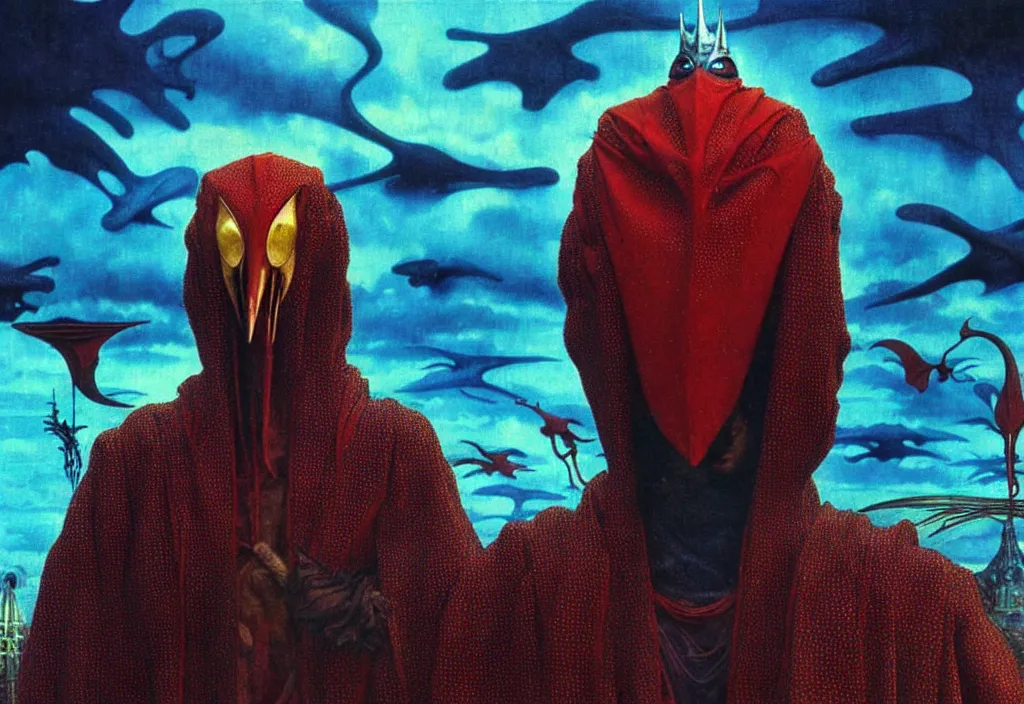 Prompt: realistic detailed portrait movie still of a birdman wearing dark robes, sci fi city landscape background by denis villeneuve, amano, yves tanguy, alphonse mucha, ernst haeckel, max ernst, roger dean, ridley scott, masterpiece, rich moody colours, blue eyes, snarling dog teeth