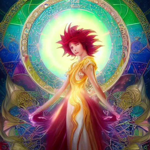 Prompt: clow card style astrologer's prayer, mythology, hidetaka miyazaki, unreal engine 5, art nouveau, vivid colors, intense colors, deep shadows, intricate, symmetry, high detail, elegance, sunlit, clear focus, art of tom bagshaw and quentin mabile, art workstation