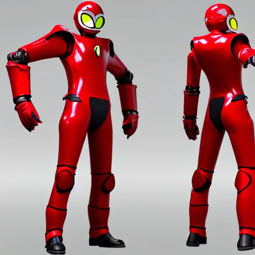 Image similar to Tokusatsu character based on Ferrari, red mechanical skinny body, chest plate with Ferrari logo, stylized motorcycle helmet, unreal engine, 3D model