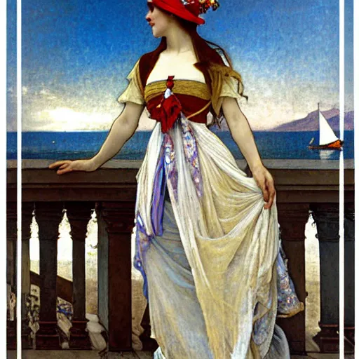 Image similar to A girl with jester hat and clothes on a greek archi circle on the front of a Balustrade with a beach and a sail boat on the background, major arcana clothes, by alphonse mucha and arnold böcklin arnold böcklin arnold böcklin, paul delaroche, hyperrealistic 8k, very detailed