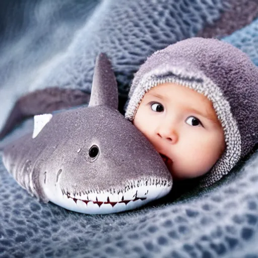 Prompt: cute and cuddly shark cub dressed like a baby