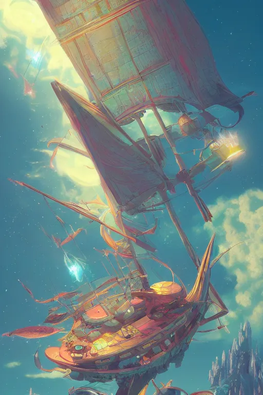 Prompt: spelljammer flying through phlogiston, 4 k digital paint by studio ghibli hayao miyazaki. vivid colours, vaporwave lighting style, very sharp and detailed. trending on artstation and behance.