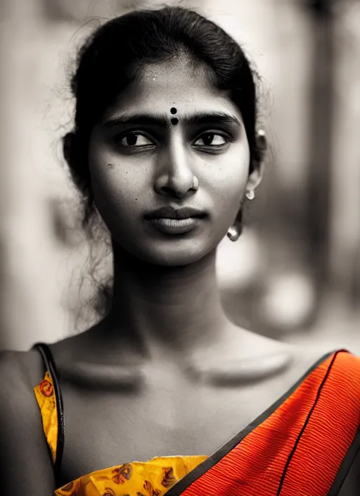 Prompt: portrait Mid-shot of an beautiful 20-year-old Indian woman, street portrait in the style of Mario Testino award winning
