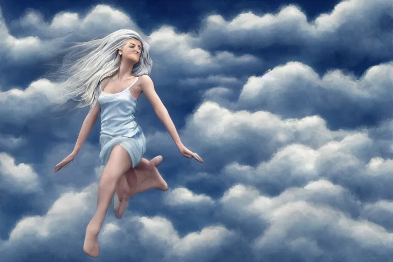 Prompt: high among the wispy swirling clouds, twirling on the wind she soared, the misty dancer in the clouds whirled her translucent arms, white hair spilling across the sky canvas, dissolving and reforming amongst ethereal wisps, as if made of clouds, all blues and whites, hyperrealism hand drawn cartoon 4k by Walt Disney and MC Escher, smooth, sharp focus, extremely detailed.