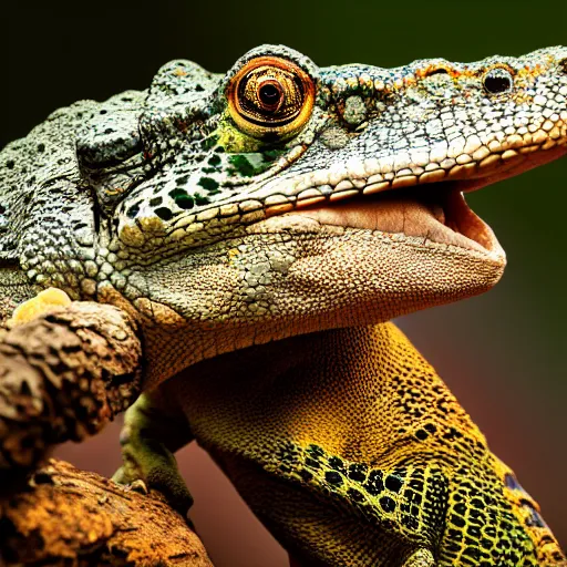 Prompt: An award winning photo of a single Tokay crocodile chameleon sitting on an elephant, environmental portrait, wildlife photography, National Geographic, 4k