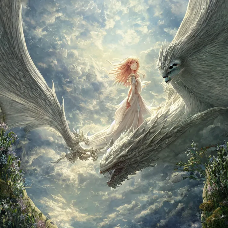 Prompt: the beautiful hyper detailed scene render that a lonely beautiful girl lies in the arms of a huge silver white dragon alone in fairyland surrounded by white clouds, finely detailed angelic face delicate, style of studio ghibli, makoto shinkai, raphael lacoste, louis comfort tiffany, artgerm, james jean, ross tran, animation style, hd, ultra wide angle