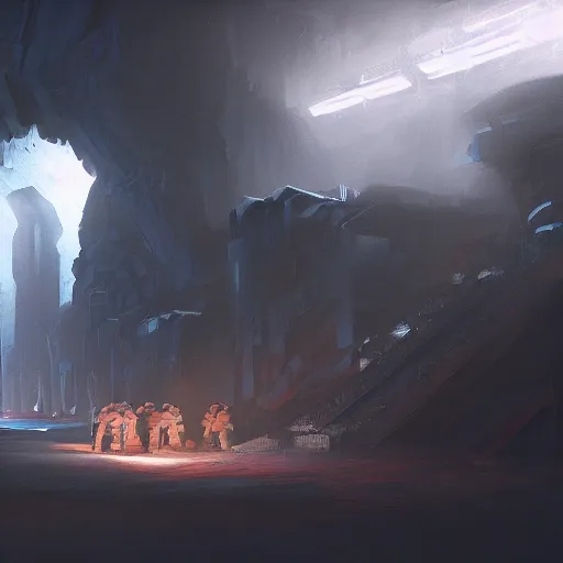 Prompt: factory in a dark cave, halo, star craft, concept art, mate painting, artstation