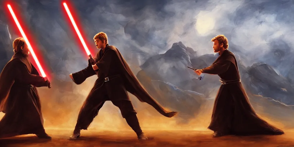 Image similar to painting of anakin skywalker and obi wan kenobi duel, mustafar, deviantart, canvas painting, detailed environment, painting, art, futuristic, dark, sharp focus, smooth, environment, star wars