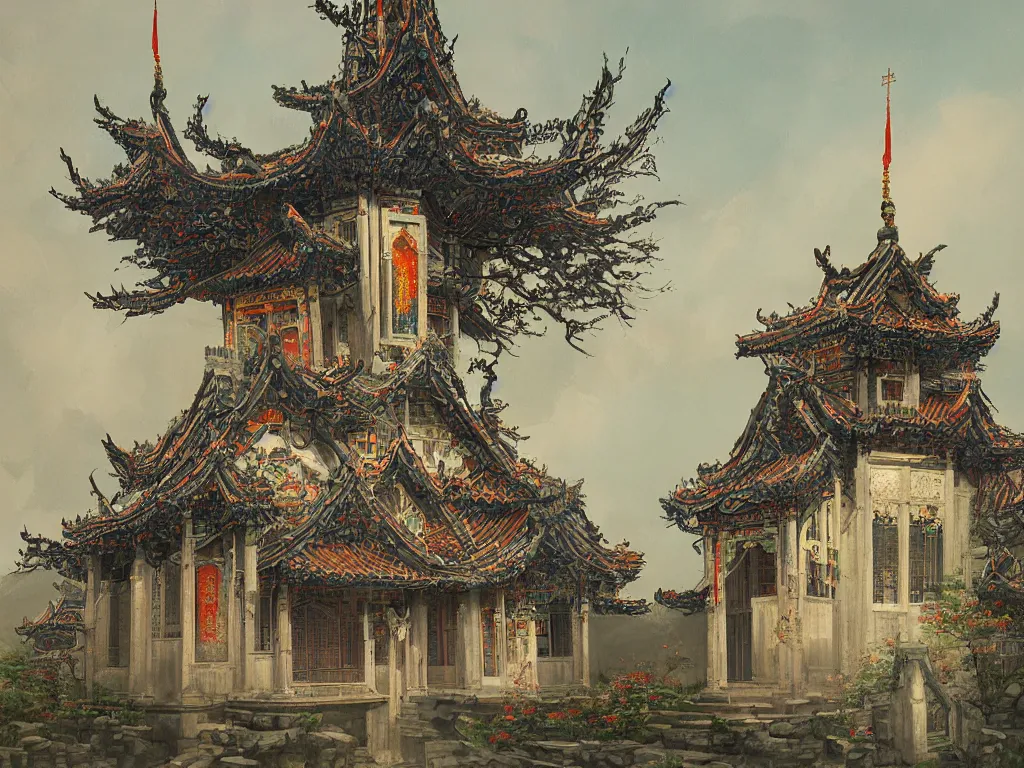 Image similar to A beautiful landscape painting of a Chinese traditional Gothic church, trending on artstation