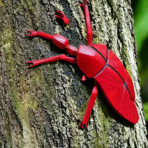 Prompt: bug carved in red oak tree