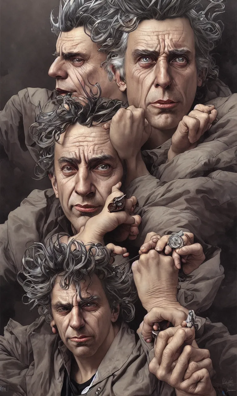 Image similar to hyper realistic portrait of rick sanchez by lee bermejo, alphonse mucha and greg rutkowski