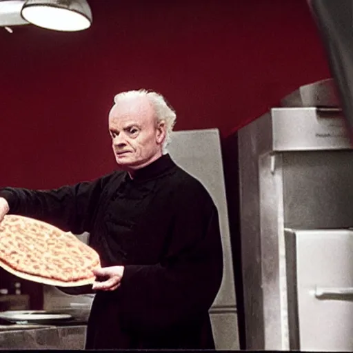 Prompt: A still of Ian McDiarmid as Emperor Palptine making a pizza, 4k, photograph, ultra realistic, highly detailed, professional lighting