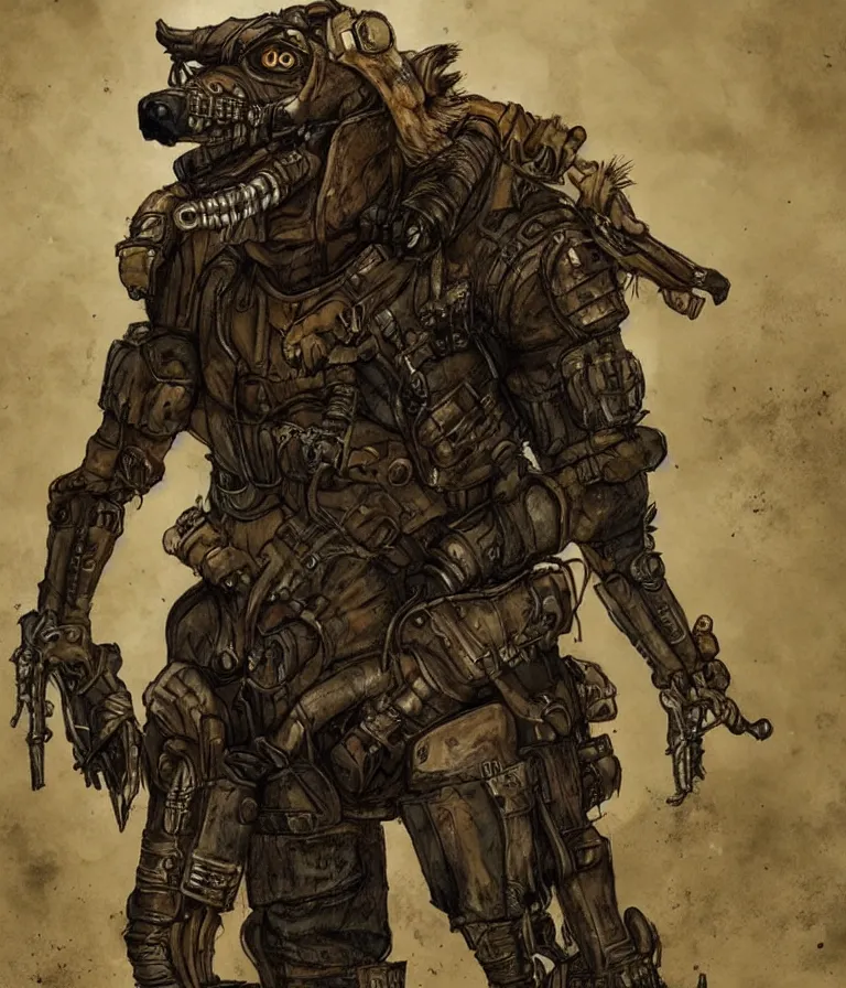 Image similar to a good ol'hound dog fursona ( from the furry fandom ), heavily armed and armored facing down armageddon in a dark and gritty version from the makers of mad max : fury road. witness me.