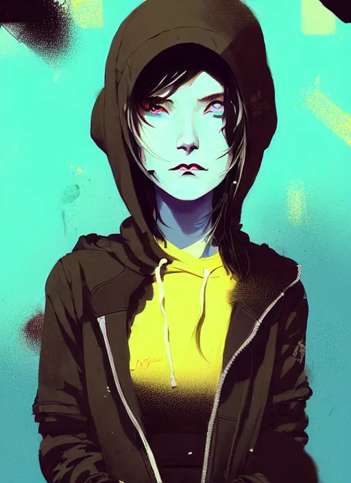 Image similar to highly detailed portrait of a city punk lady student, blue eyes, hoodie, white hair by atey ghailan, by greg rutkowski, by greg tocchini, by james gilleard, by joe fenton, by kaethe butcher, gradient yellow, black, brown and cyan blue color scheme, grunge aesthetic!!! ( ( graffiti tag wall background ) )