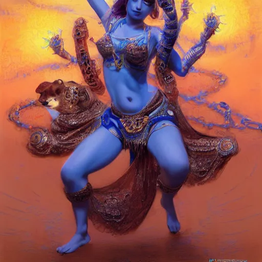 Image similar to cute female bellydancer with 6 arms wearing blue plastic armor, anthropomorphic shiba inu, shiba inu face, stuning 3 d render, masterpiece, glowing holy aura, by donato giancola and greg rutkowski and wayne barlow and zdzisław beksinski, realistic face