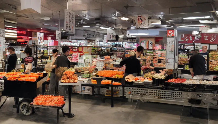 Image similar to A small stand selling sushi stands in a large supermarket that sells groceries, cinematic lighting, commercial photography