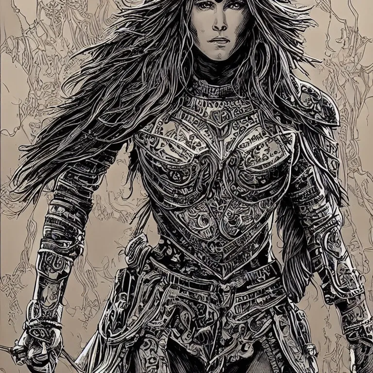 Image similar to jennifer anniston as an amazon warrior, a tall beautiful woman with brown skin and long hair, dressed in hellenistic body armour, intricate, elegant, highly detailed, smooth, sharp focus, detailed face, high contrast, graphic novel, art by laurie greasley