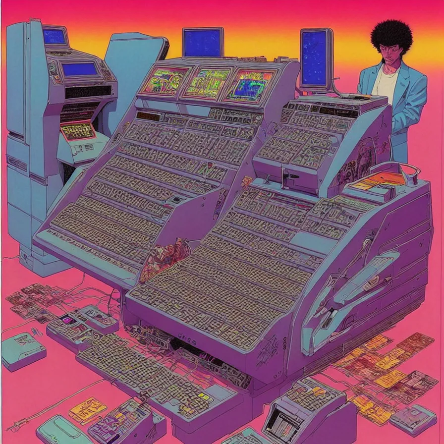 Prompt: ( ( ( ( cyberpunk cash register ) ) ) ) by mœbius!!!!!!!!!!!!!!!!!!!!!!!!!!!, overdetailed art, colorful, artistic record jacket design
