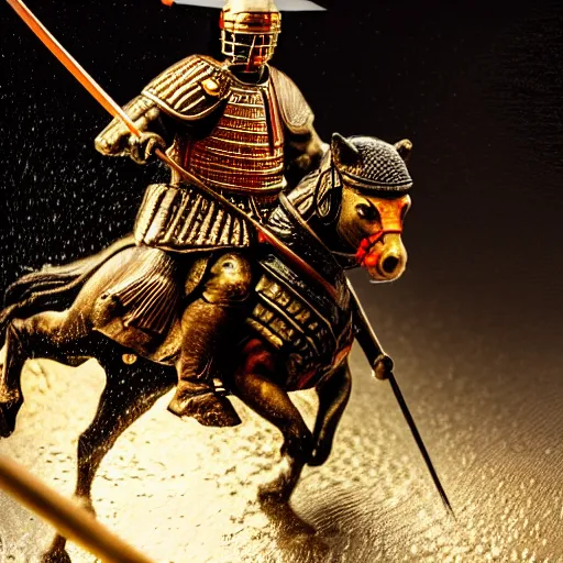 Image similar to close up macro shot of a roman general riding a horse fighting a samurai with swords on wet tokyo street at night, intricate, hyper detailed, smooth, dramatic lighting, cinematic