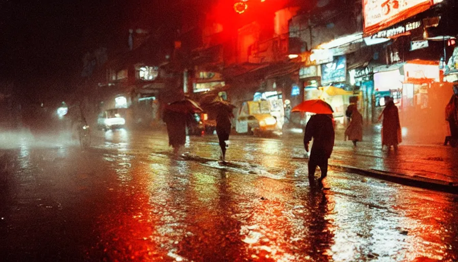 Prompt: street of hanoi photography, night, rain, mist, cinestill 8 0 0 t, in the style of william eggleston