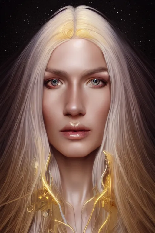 Image similar to Portrait of reistlin majere with long white hair, golden face, elegant, photorealistic, highly detailed, artstation, smooth, sharp focus, gold ornaments, neon lighting, sci-fi, art by Klimt
