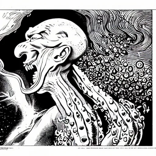 Image similar to fire lord squidward breathing fire out of his mouth, art by virgil finlay, highly detailed, 8 k, trending on artstation