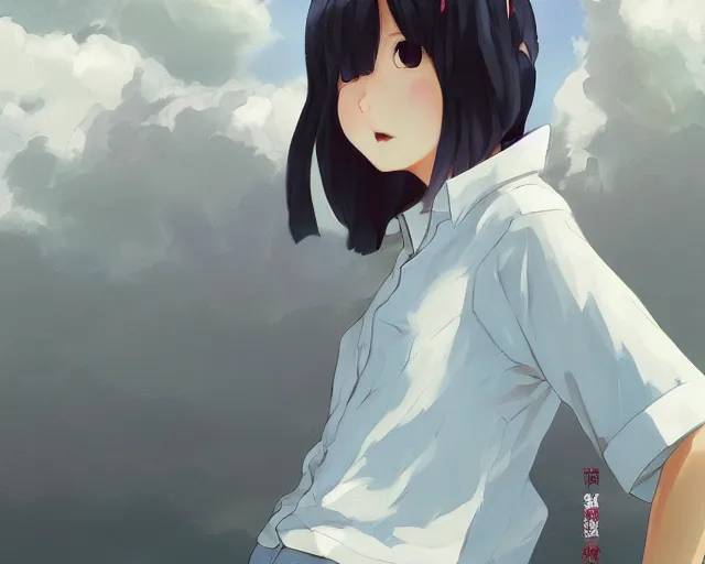 Image similar to teen looking at blue sky, wearing white shirt, back turned, looking up, illustration, by pine ( ハイネ ) and 薯 子 imoko and 香 川 悠 作 and wlop and maya takamura, highly detailed, trending artstation, pixiv, digital art