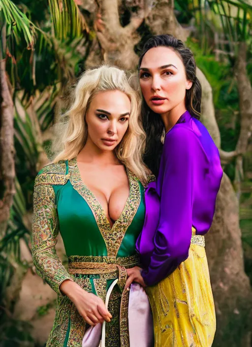 Image similar to portrait of lindsey pelas and gal gadot wearing green kebaya and purple silk belt in bali, by charlotte grimm, natural light, detailed face, beautiful features, symmetrical, canon eos c 3 0 0, ƒ 1. 8, 3 5 mm, 8 k, medium - format print, half body shot