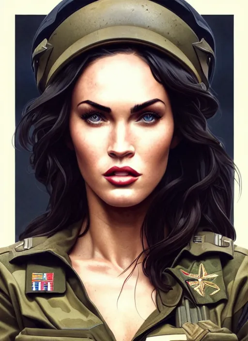 Image similar to portrait of megan fox as soldier, uniform, g 3 6, gun, camouflage, intricate, headshot, highly detailed, digital painting, artstation, concept art, sharp focus, cinematic lighting, illustration, art by artgerm and greg rutkowski, alphonse mucha, cgsociety